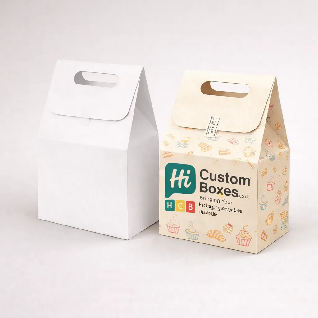 Professional cardboard gable boxes with integrated handles, shown in plain white and a custom-printed cream version. class=